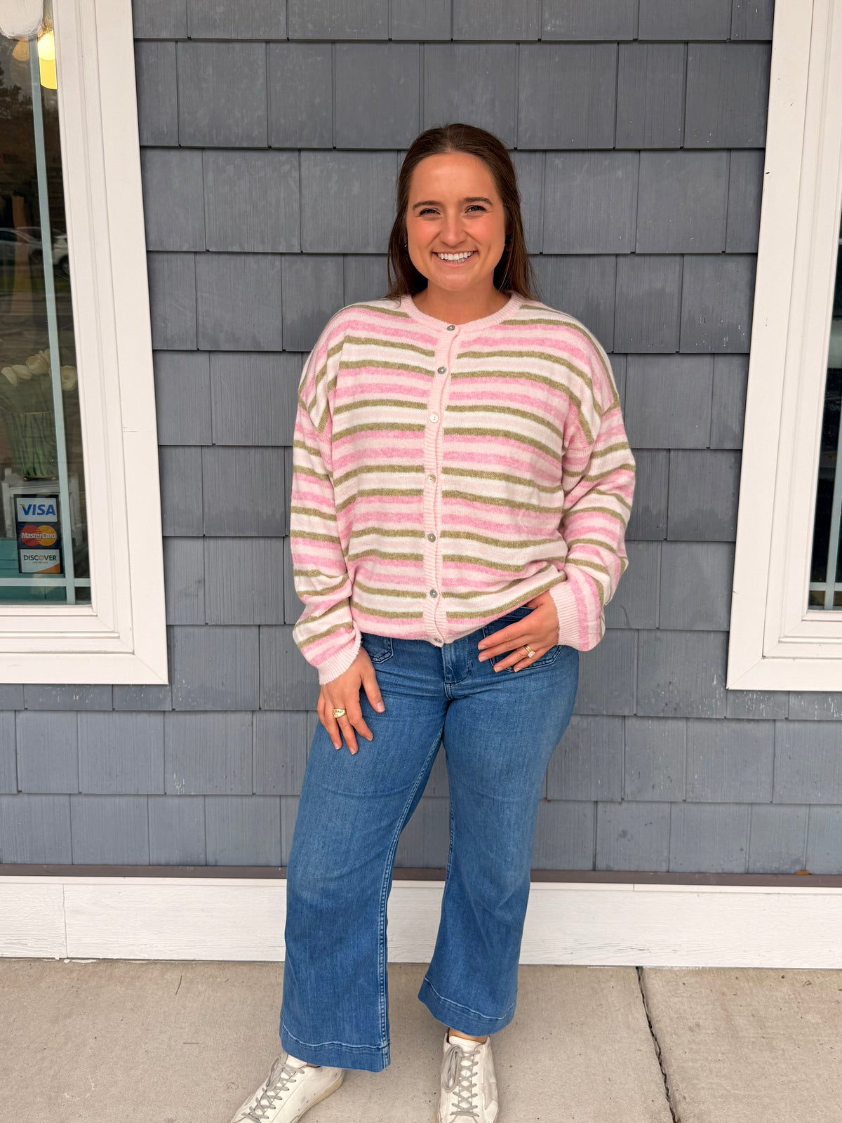 Pink & Green Stripe Button Up Sweater