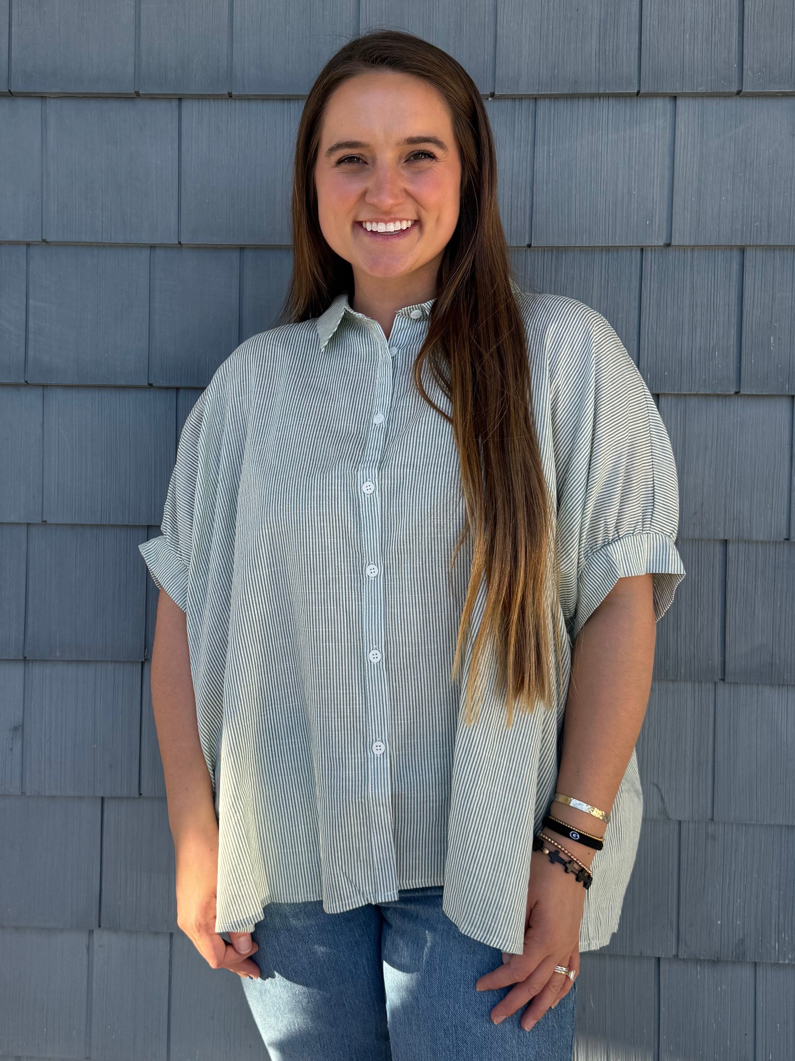 Mint Striped Collared Oversized Button Down