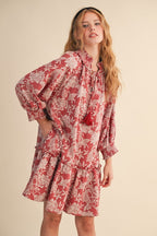 Red Floral Jacquard Smocked Dress