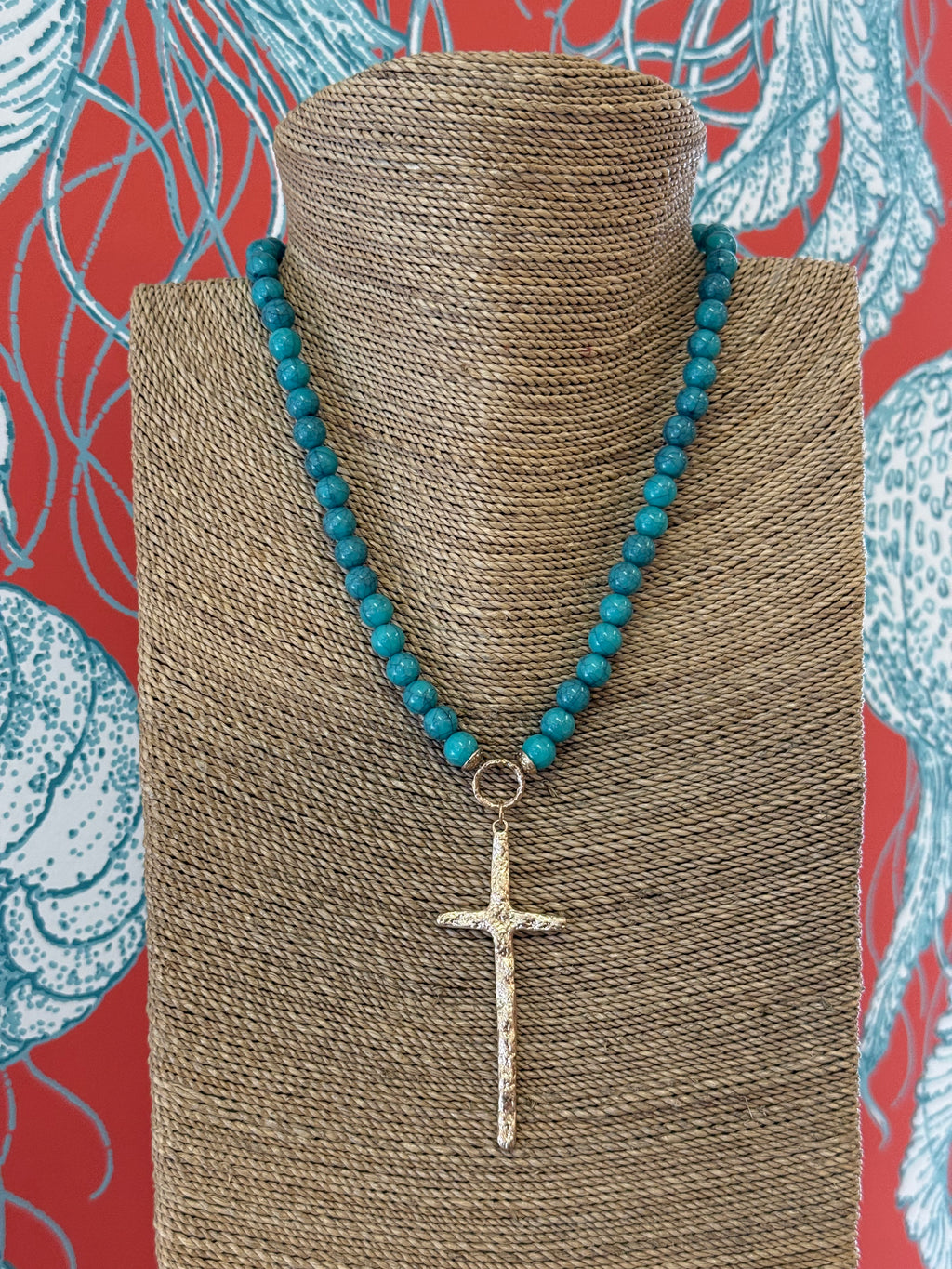 Hammered Cross Pendant Necklace Turquoise & Gold