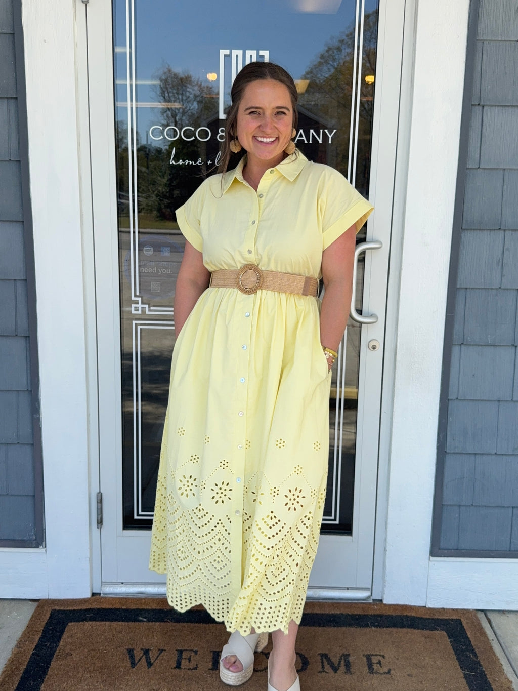 Lemon Eyelet Midi Dress Scallop Trim