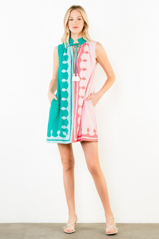 Preorder: Ruffle neck Tassel Color Block Dress THML