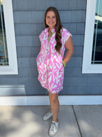 Pink Short Sleeve Woven Patern Detail Dress THML