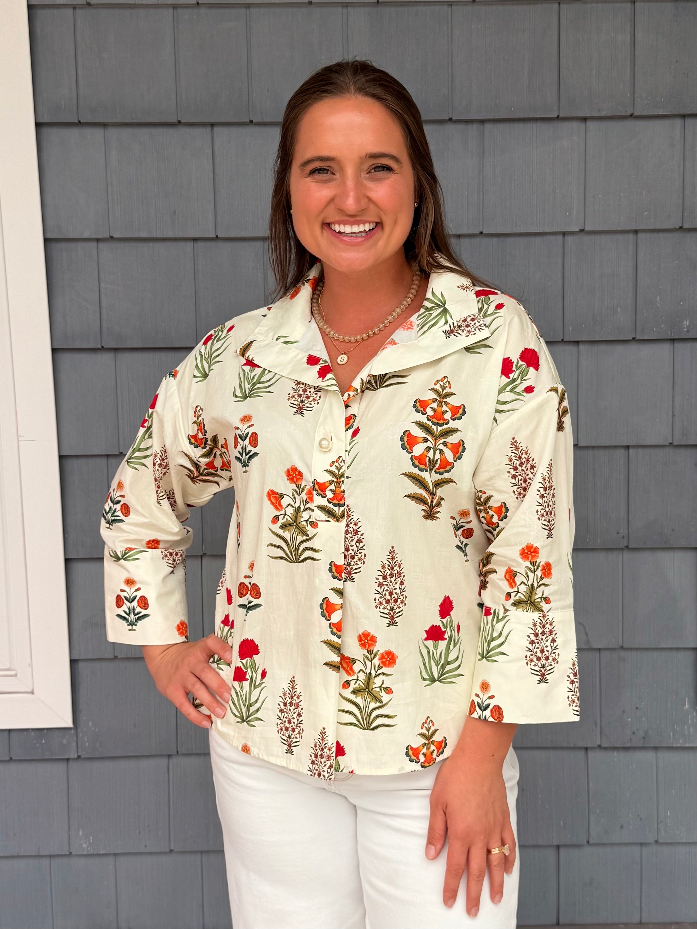 Offwhite Big Pearl Button Floral Top