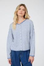 Dusty Blue Raw Edge Stripe Drop Shoulder Knit Cardigan