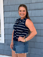 Navy & White Knit Sleeveless Attached Scarf Detail Neckline