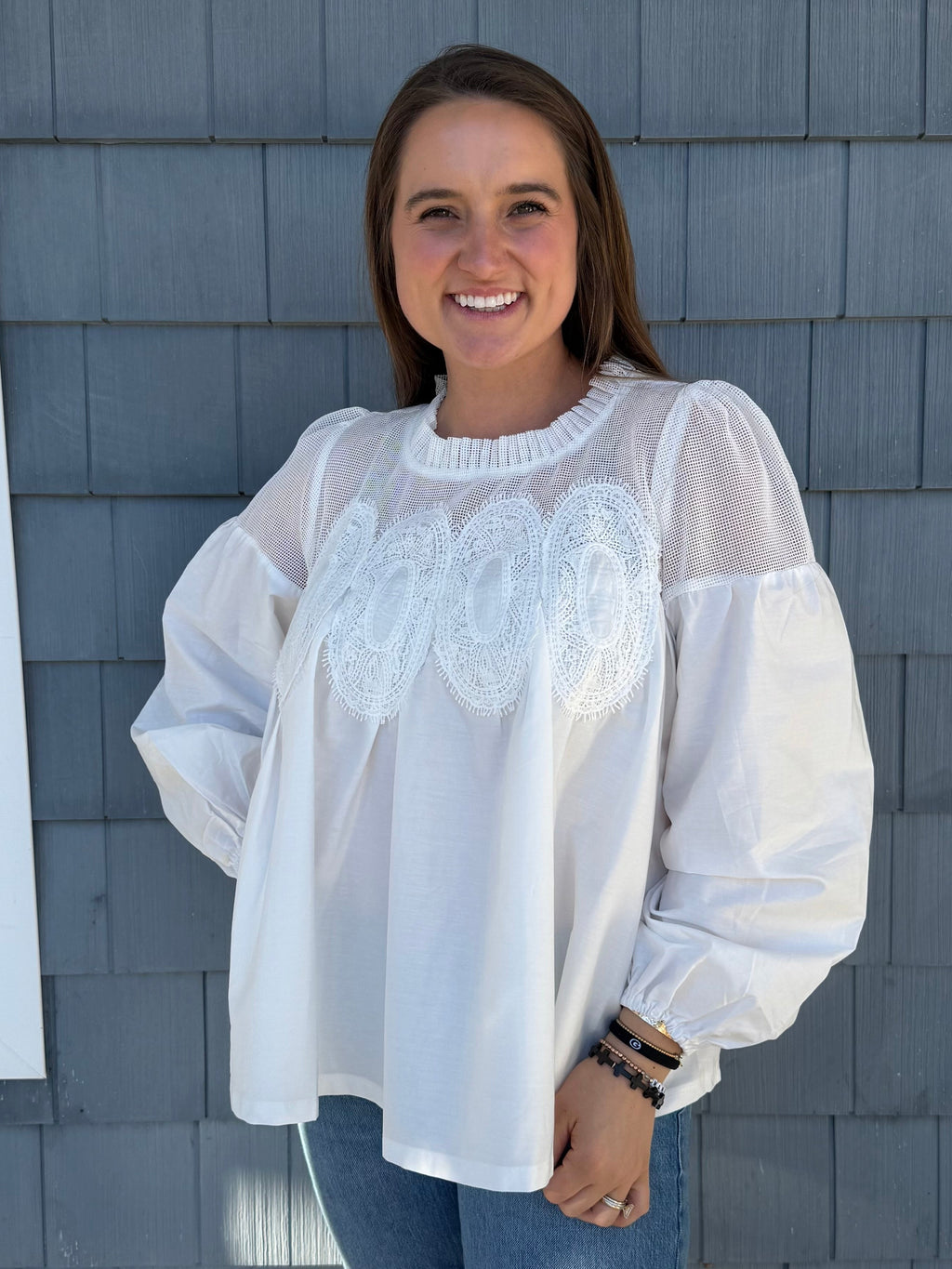 Lace Appliqué Mixed Media LS Blouse White