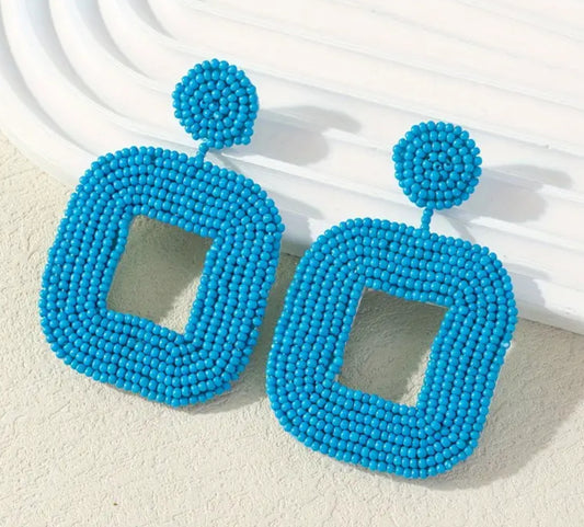 Handmade Woven Square Beaded Earrings- Blue