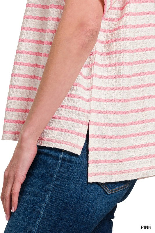 Stripe Jacquard Round Neck Box Tee- Pink