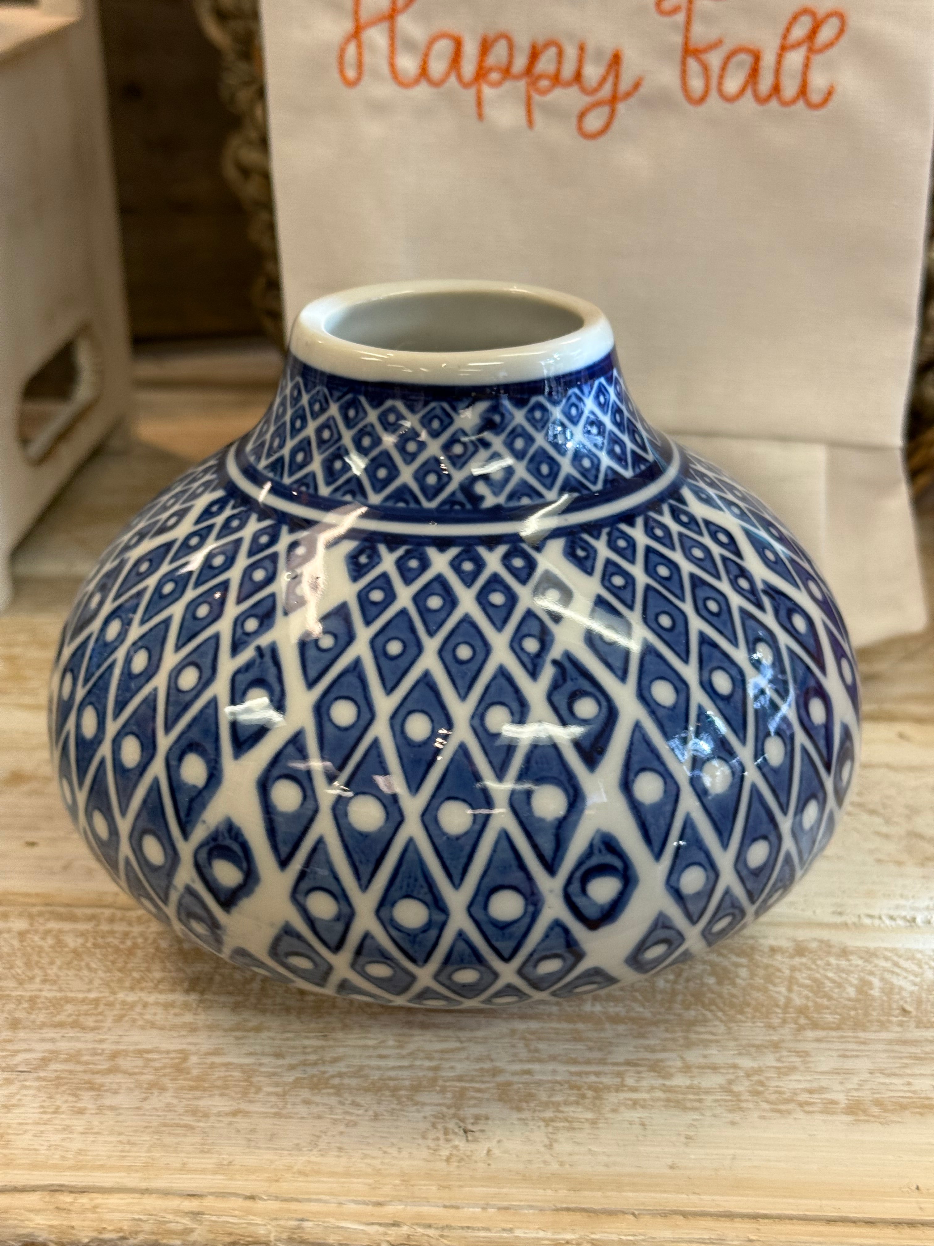 Medium Blue & White Round Diamond Hand Painted Vase