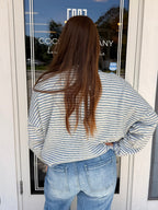 Dusty Blue Raw Edge Stripe Drop Shoulder Knit Cardigan