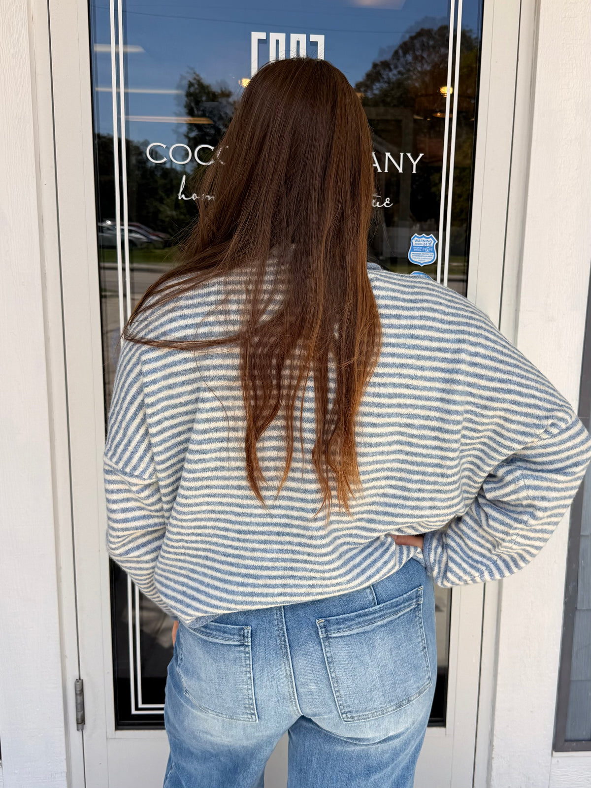 Dusty Blue Raw Edge Stripe Drop Shoulder Knit Cardigan