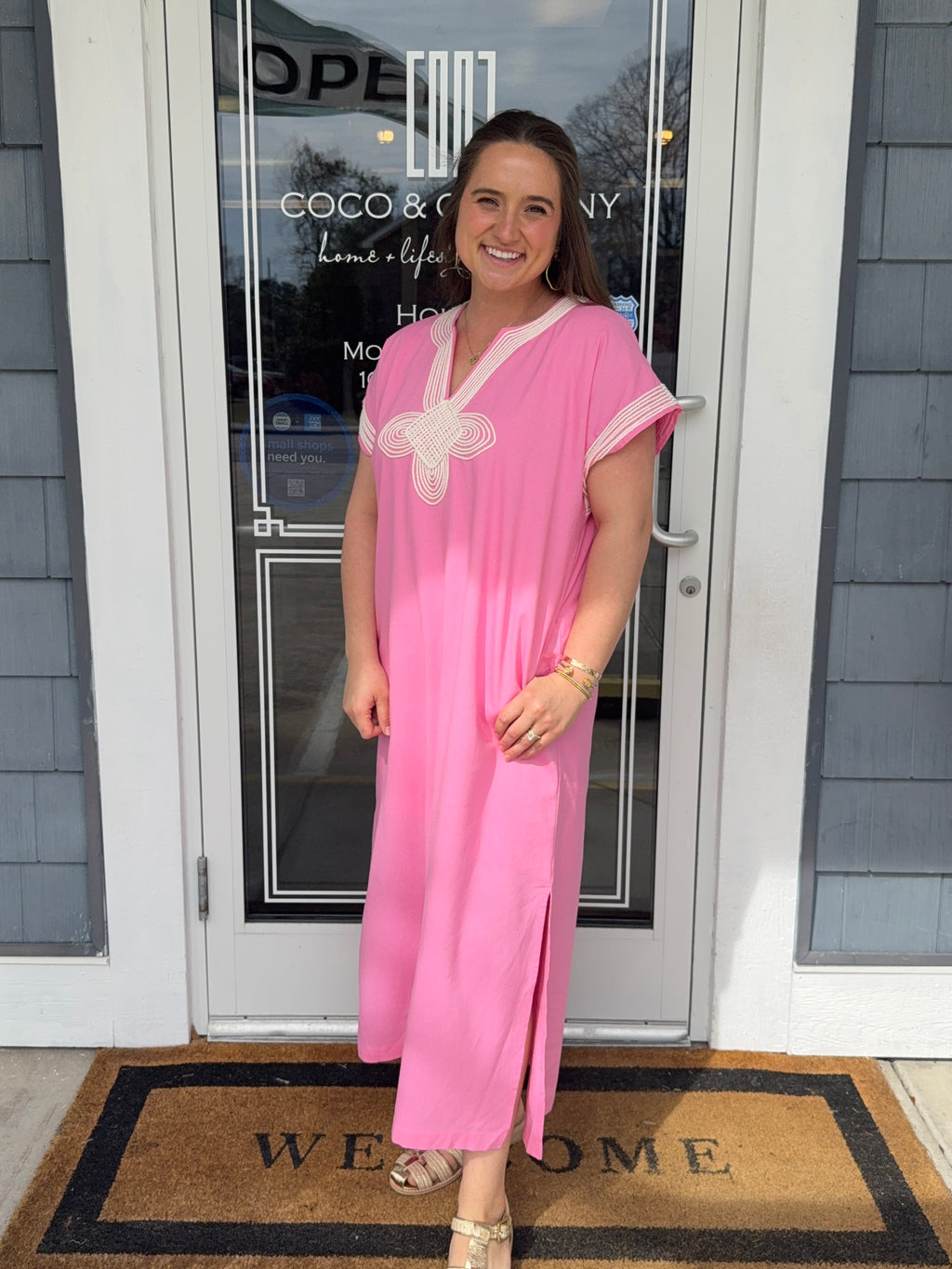 Pink Appliqué Trim Midi Dress