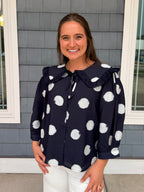 Navy Collared Polka Dot Top