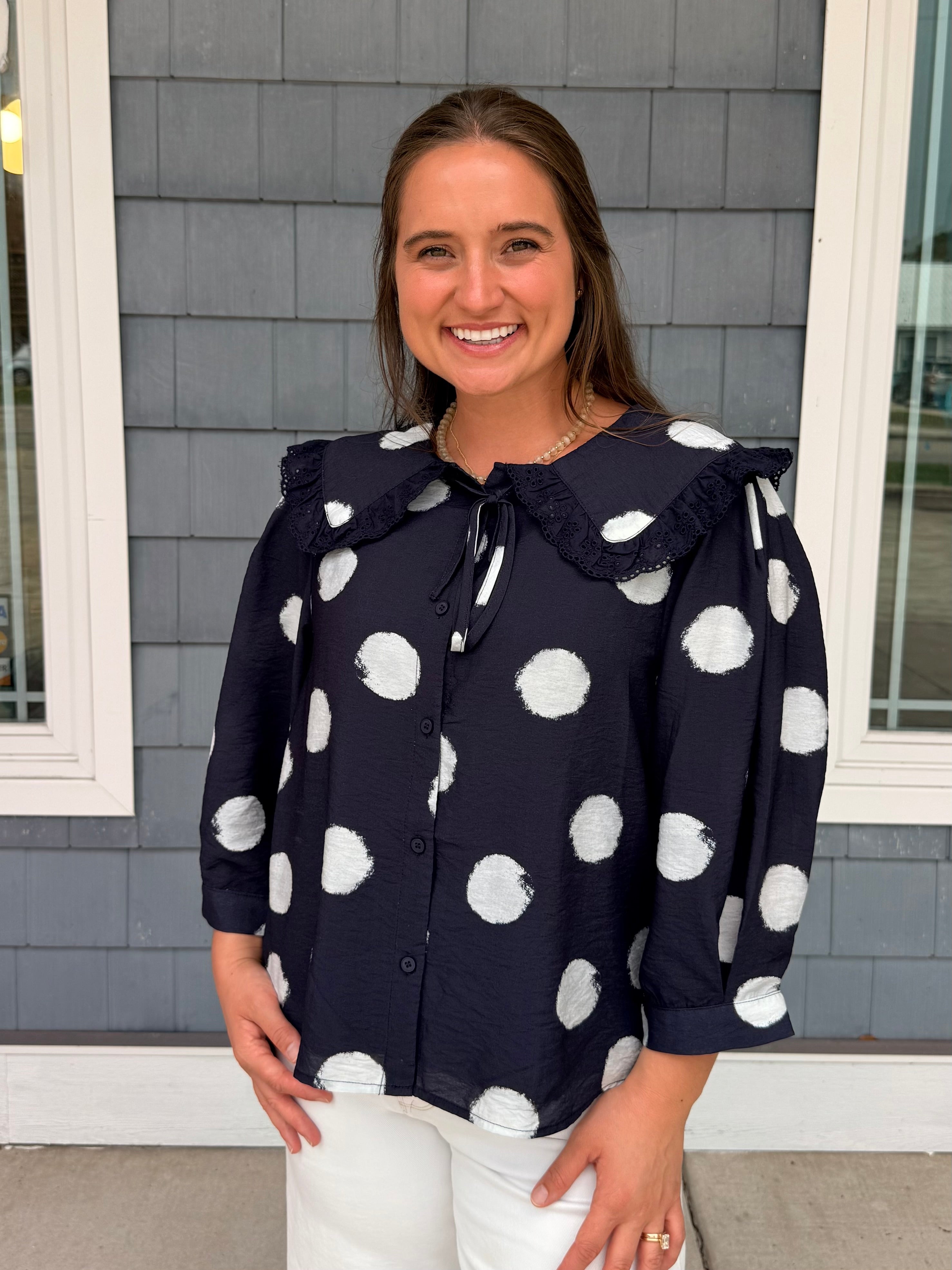 Navy Collared Polka Dot Top