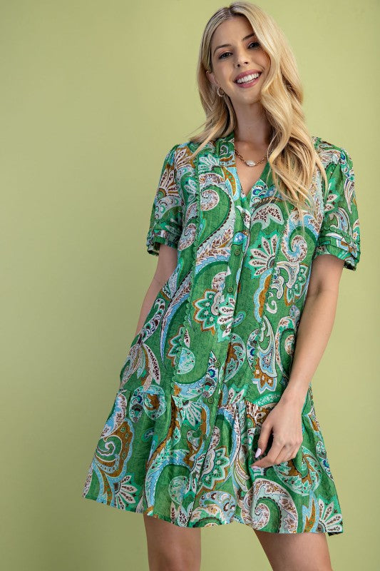 PREORDER: Matcha Mix Paisley Print Button Up Dress