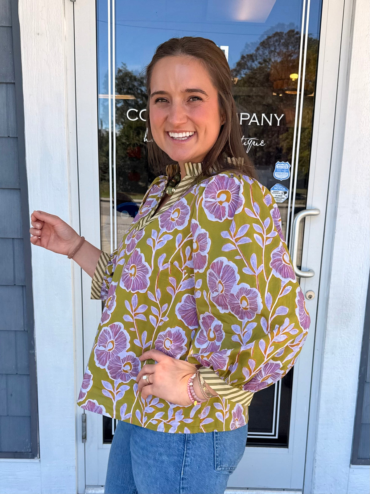 Green Floral V-neck Top