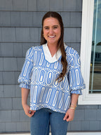 Blue Scallop Trim Geo Print Top