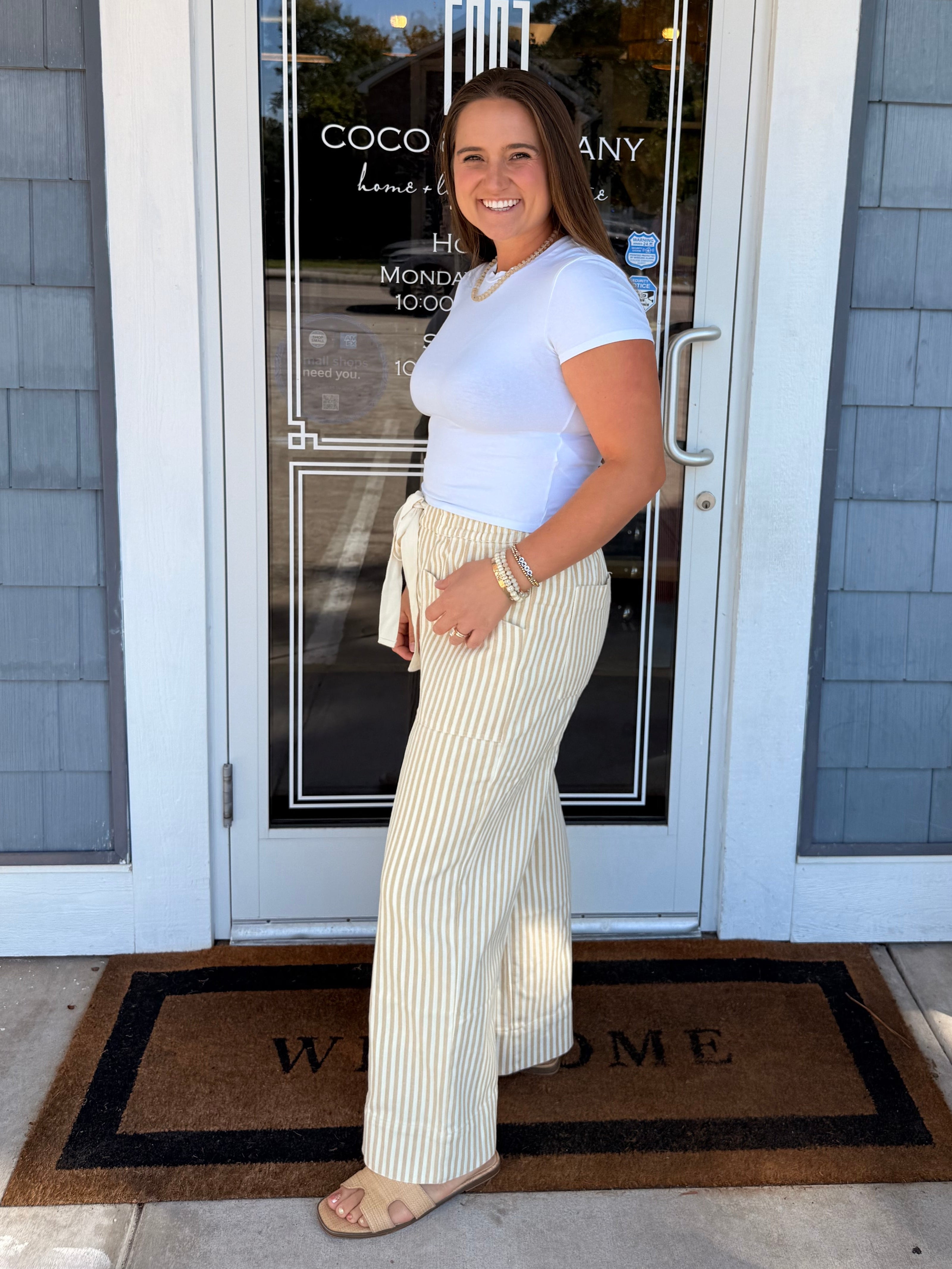 Taupe Natural Stripe Wide Leg Drawstring Pants