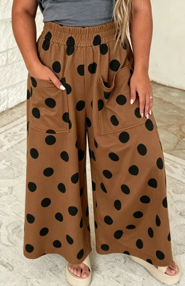 Brown & Black Polka Dot Elastic Wide Leg Pants