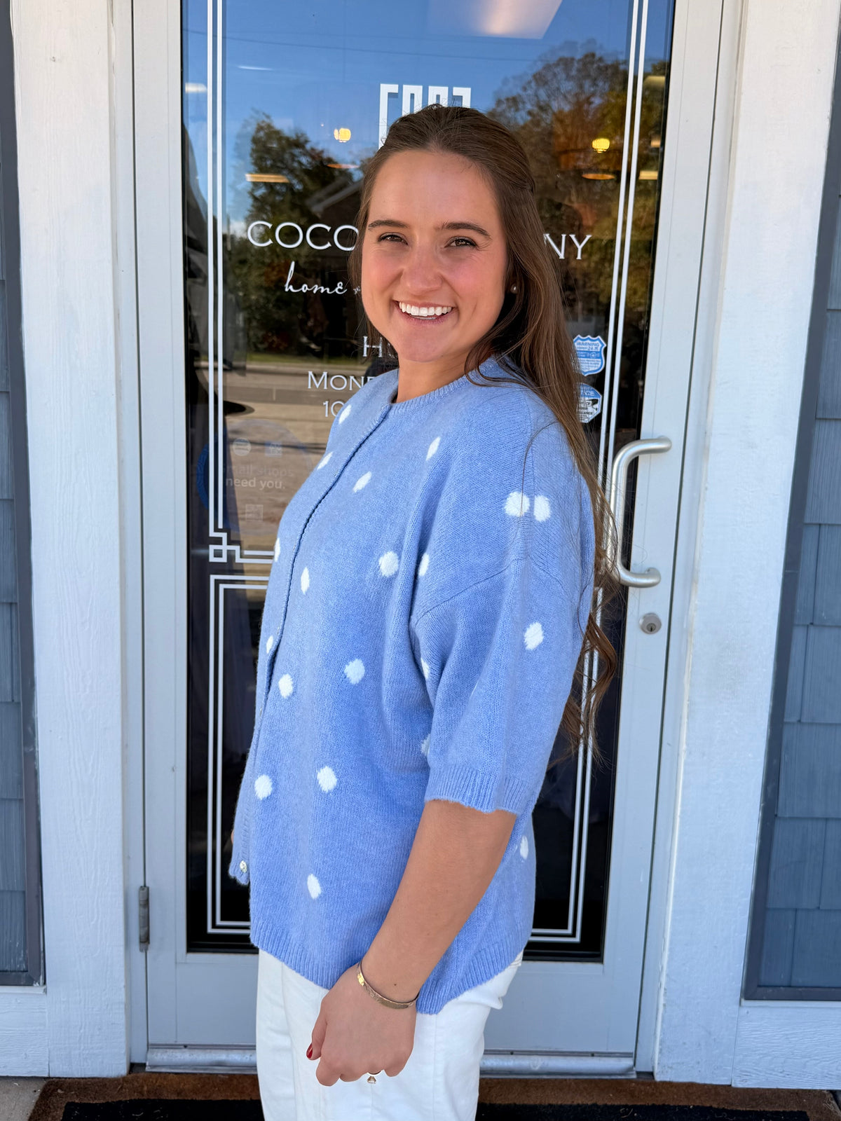 Blue Polka Dot Short Sleeve Crew Neck Knit Cardigan