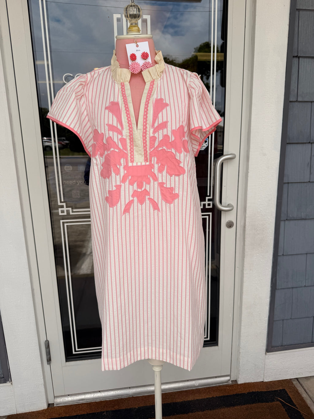 Light Pink Striped Floral Appliqué Shift Dress