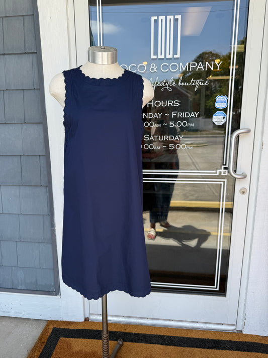 Navy Scalloped Detail Round Neck Dress