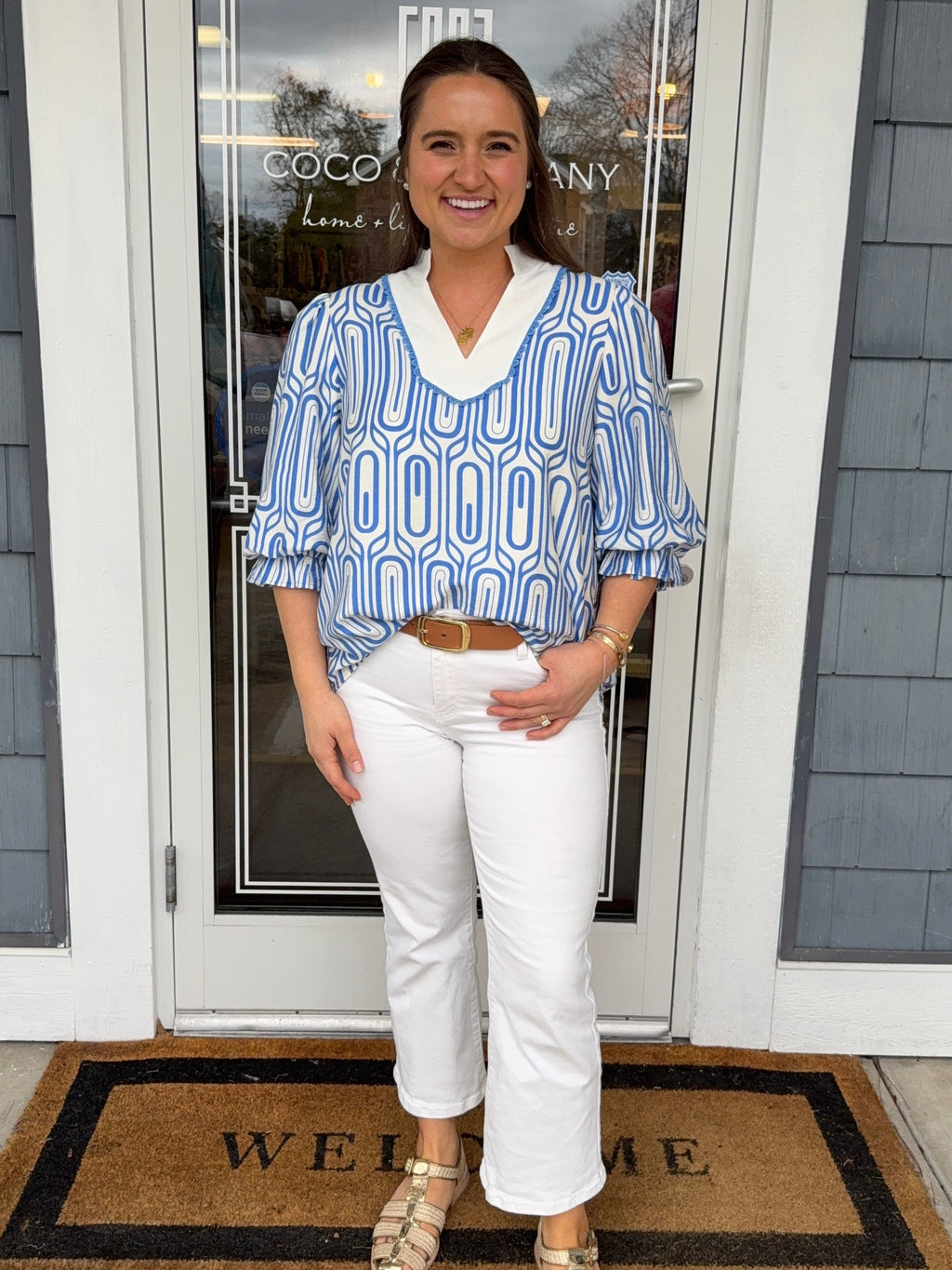 Blue Scallop Trim Geo Print Top