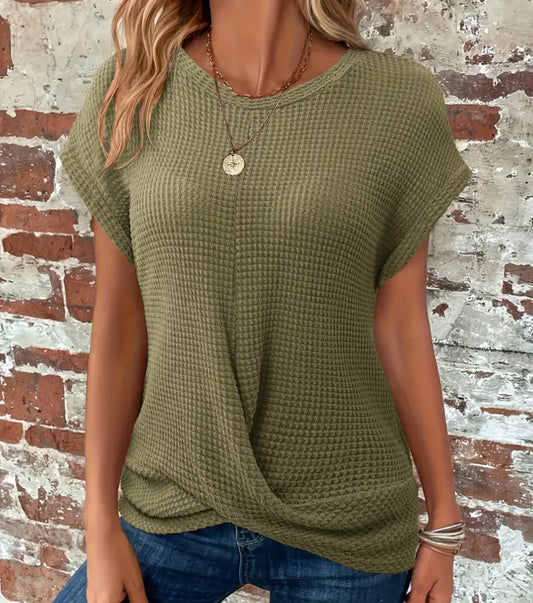 Olive Green Waffle Knit SS Crossover Top