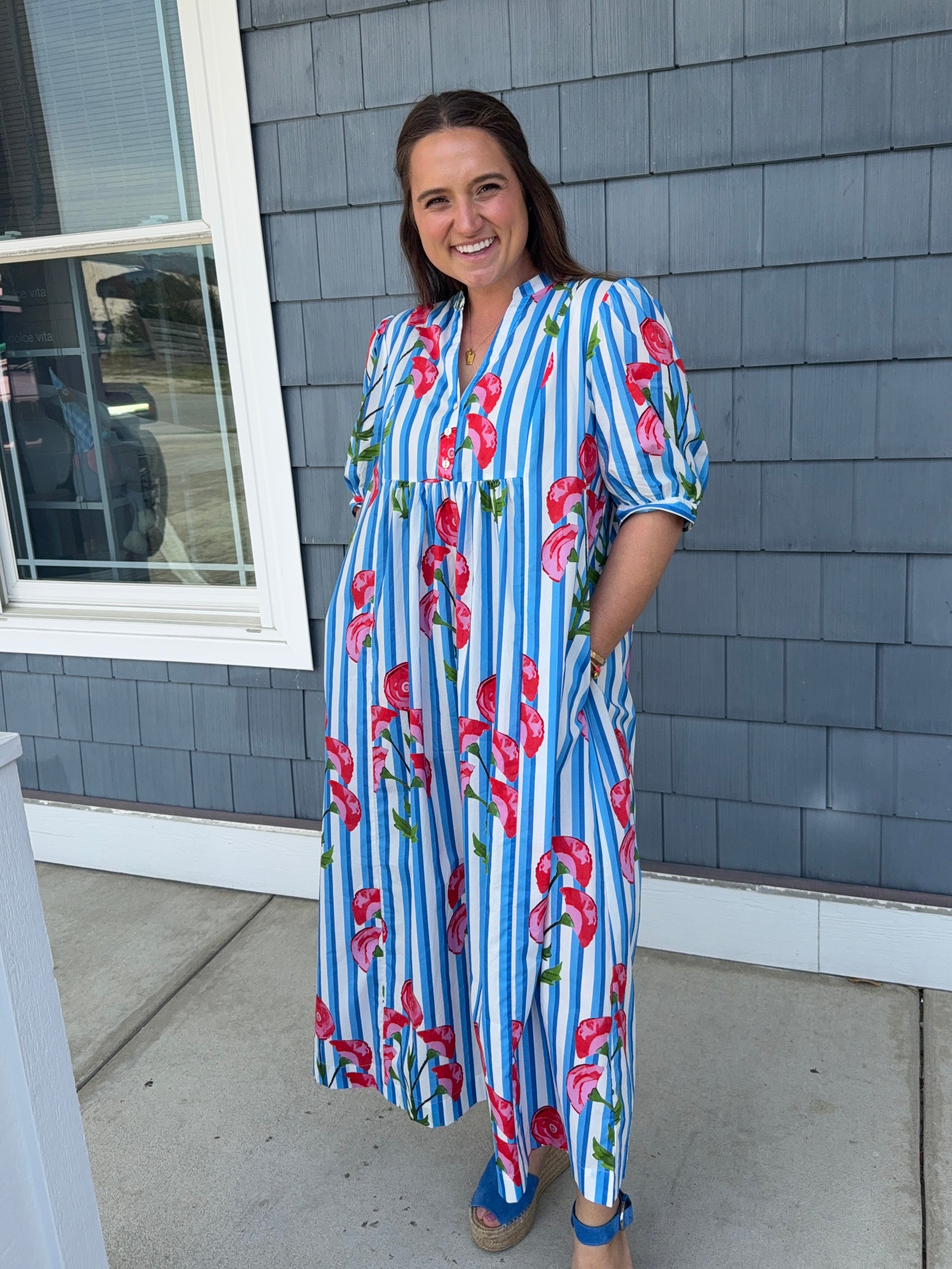 Blue Stripe Floral Midi Dress