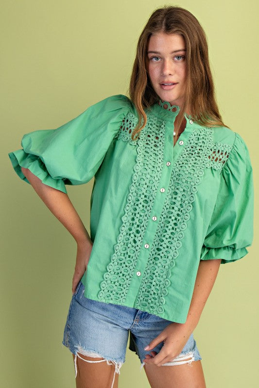 PREORDER: Mint Trim Detail Hutton Down Blouse