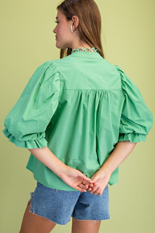 PREORDER: Mint Trim Detail Hutton Down Blouse