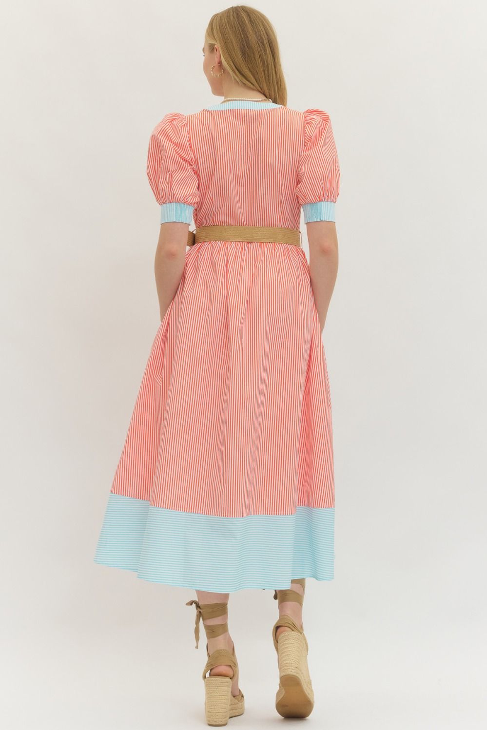 Orange & Blue Stripe Midi Dress w/ Belt