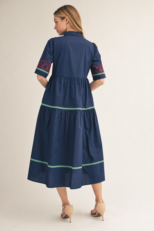 Navy Embroidered Button Down Midi Dress