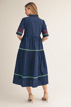 Navy Embroidered Button Down Midi Dress