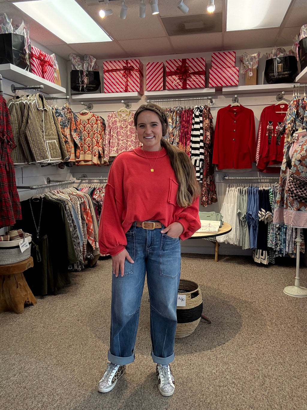 RISEN 4 Way Stretch Mid Rise Barrel Jeans with Patch Pocket Detail