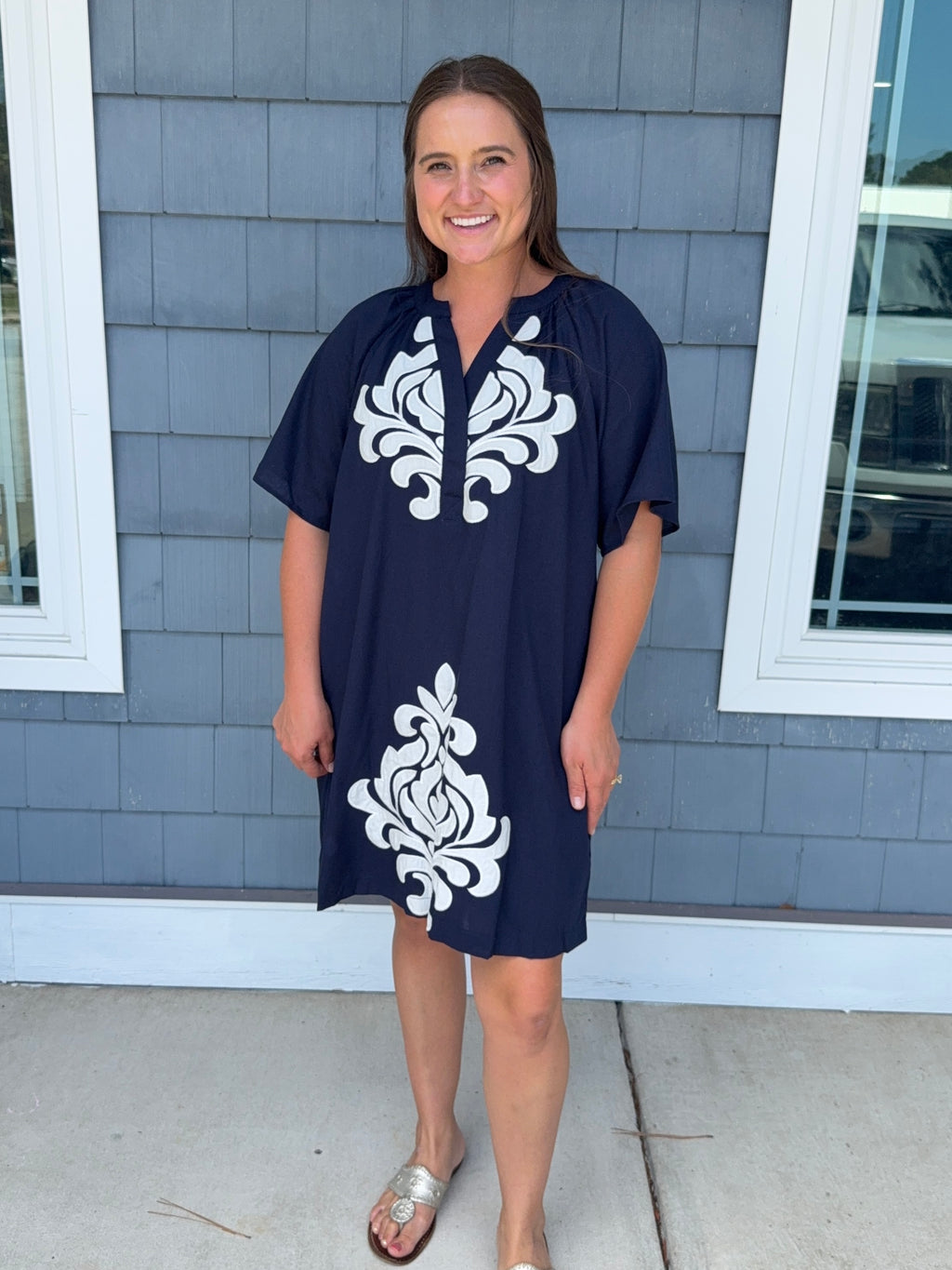 Navy Linen V-Neck Dress