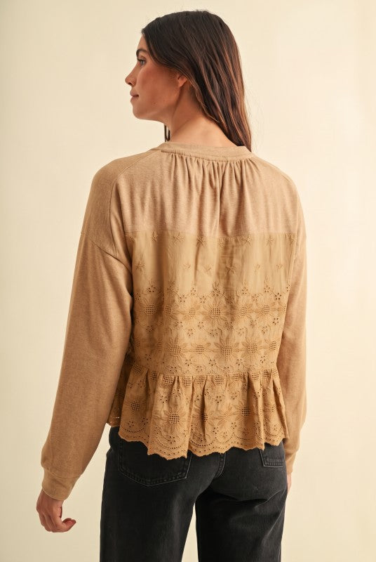 Taupe Eyelet Lace Hem Fleece Top