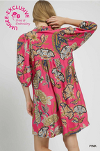 Abstract Pink Puff Sleeve Babydoll Dress