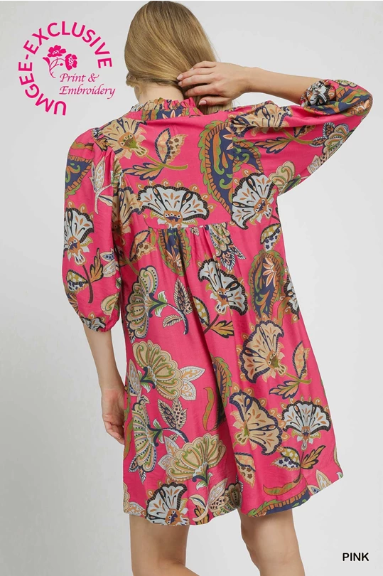 Abstract Pink Puff Sleeve Babydoll Dress