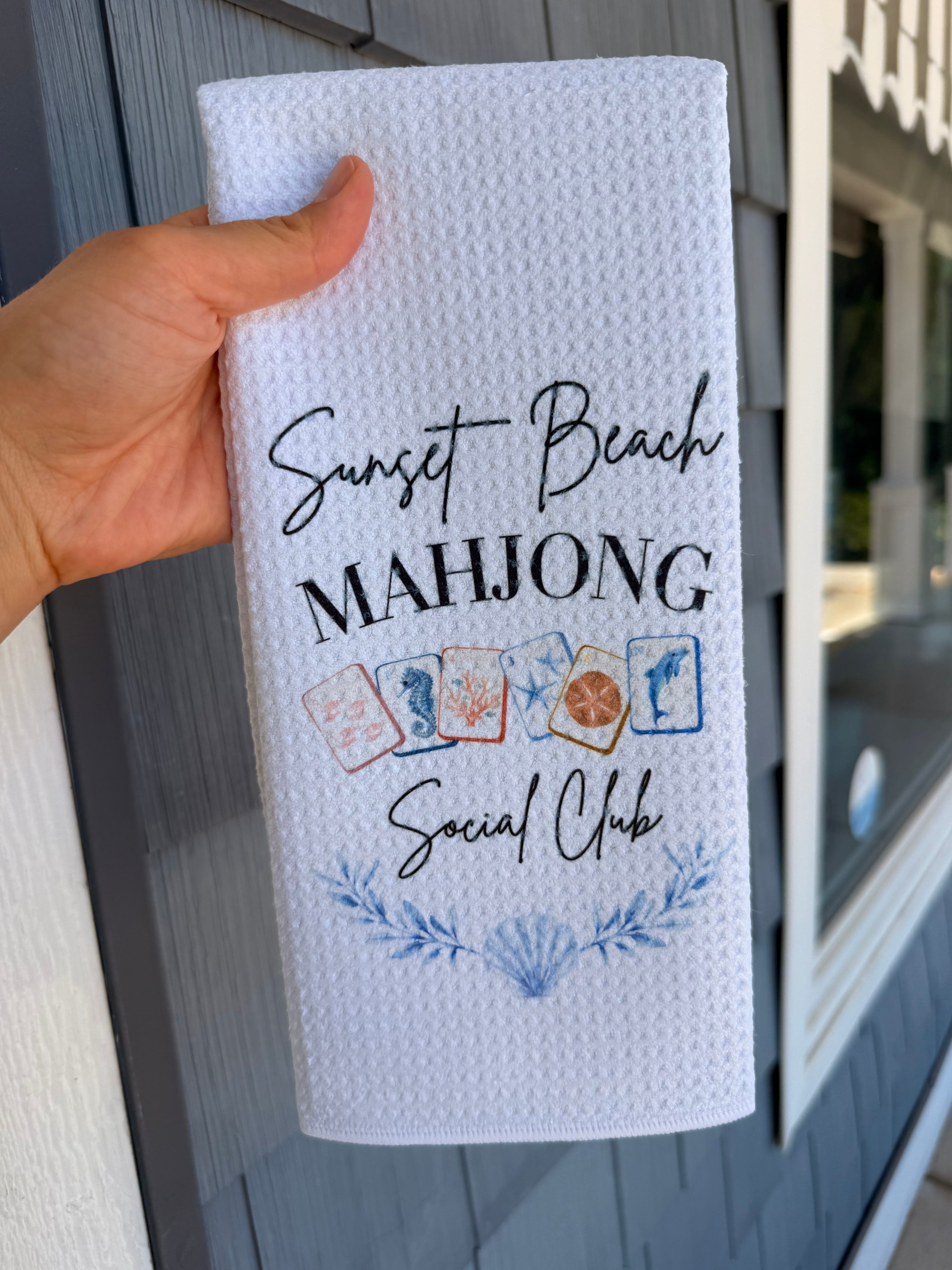 Sunset Beach Sea Mahjong Social Club Tea Towel