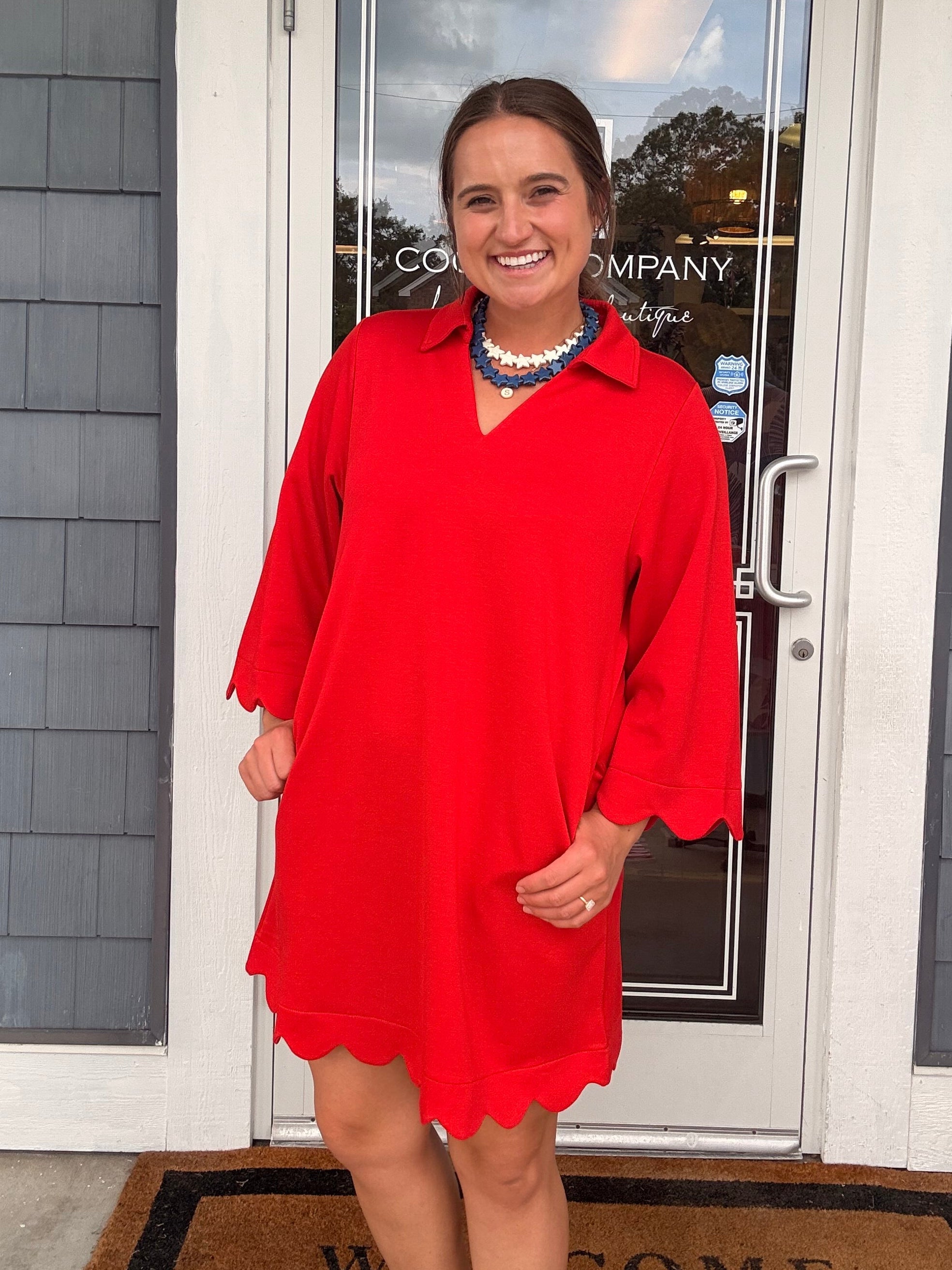 Red Scalloped Hem Solid Dress