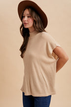 Oatmeal Soft Wool Blend Mock Neck Short Sleeve Sweater
