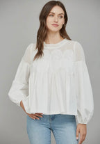 Lace Appliqué Mixed Media LS Blouse White