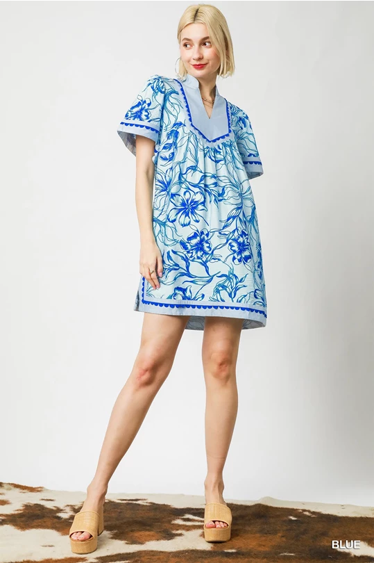 Blue Floral Elegance Tunic Dress