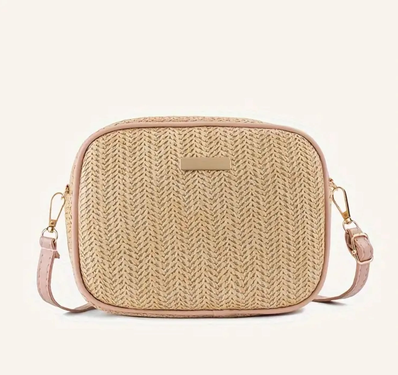Woven Straw Crossbody- Pink