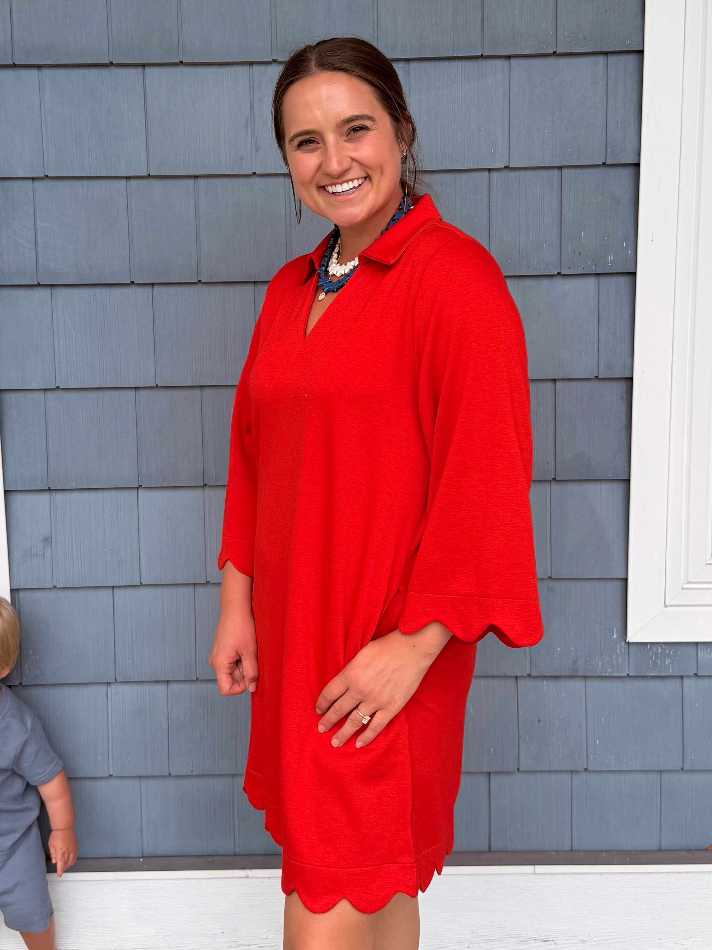 Red Scalloped Hem Solid Dress