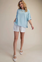 Sky Blue Round Neck Sleeve Trim Band Top