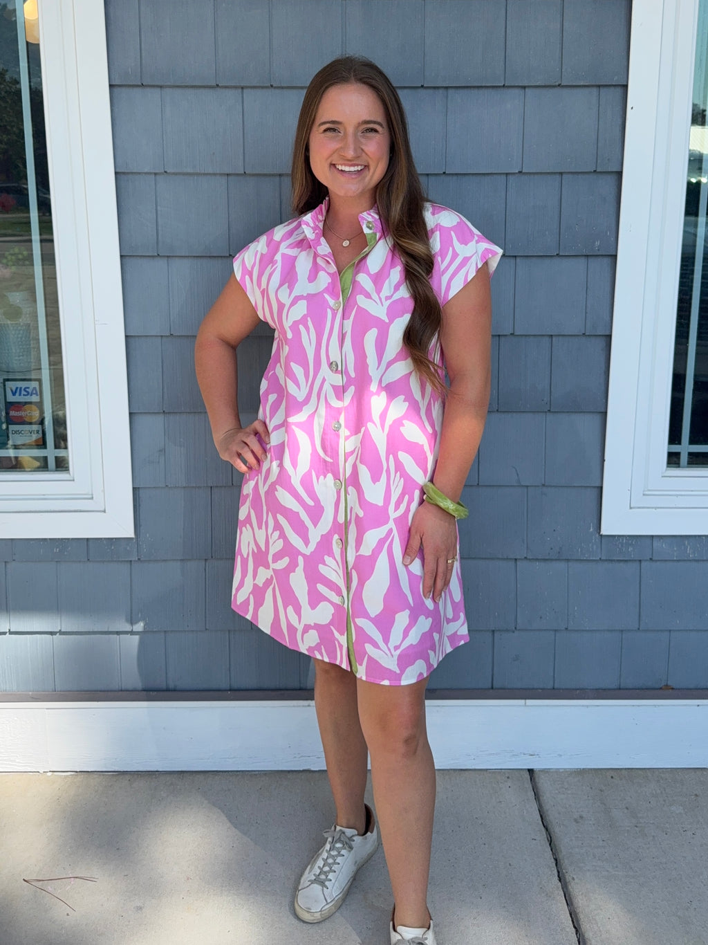 Pink Short Sleeve Woven Patern Detail Dress THML