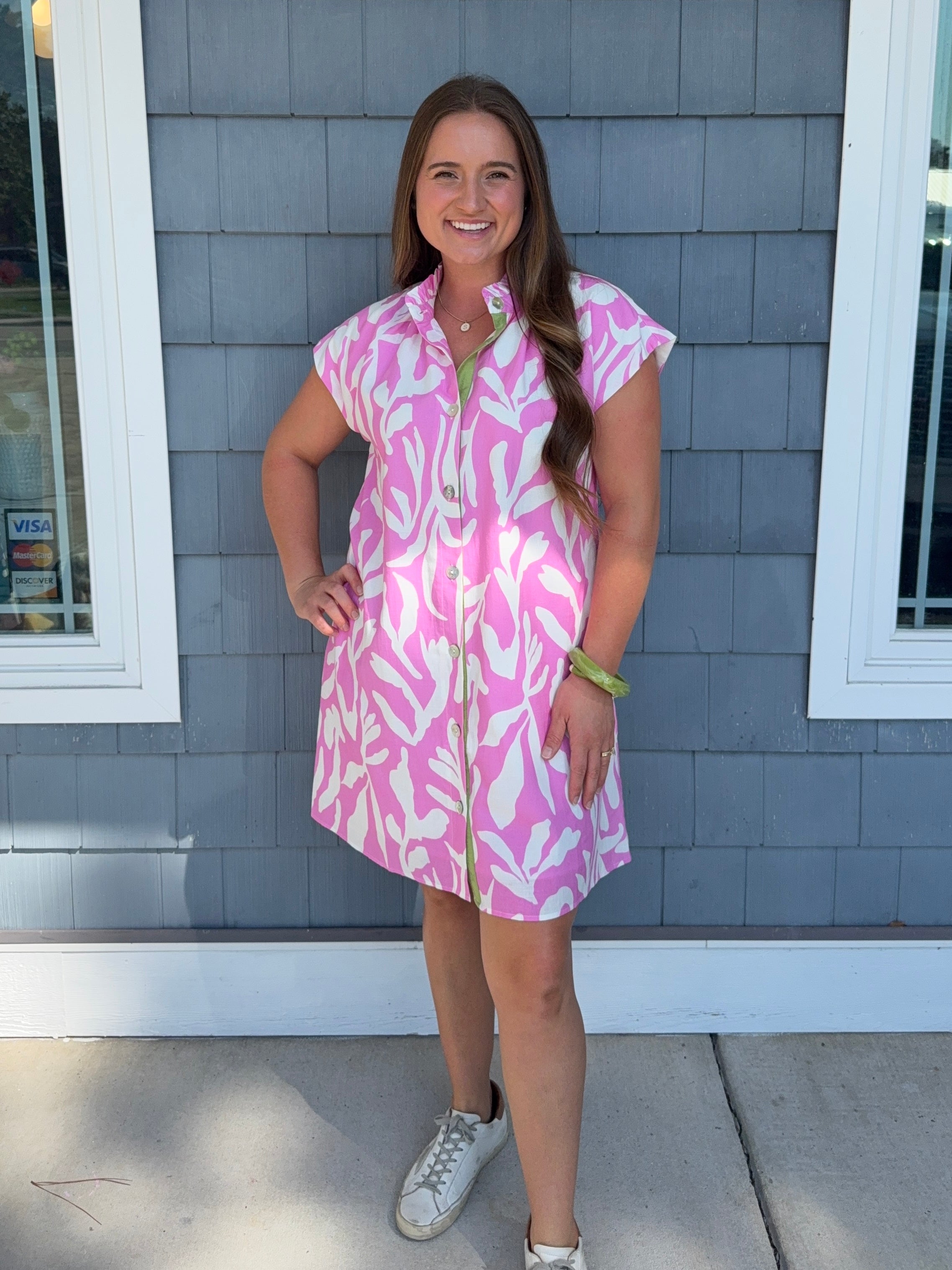 Pink Short Sleeve Woven Patern Detail Dress THML